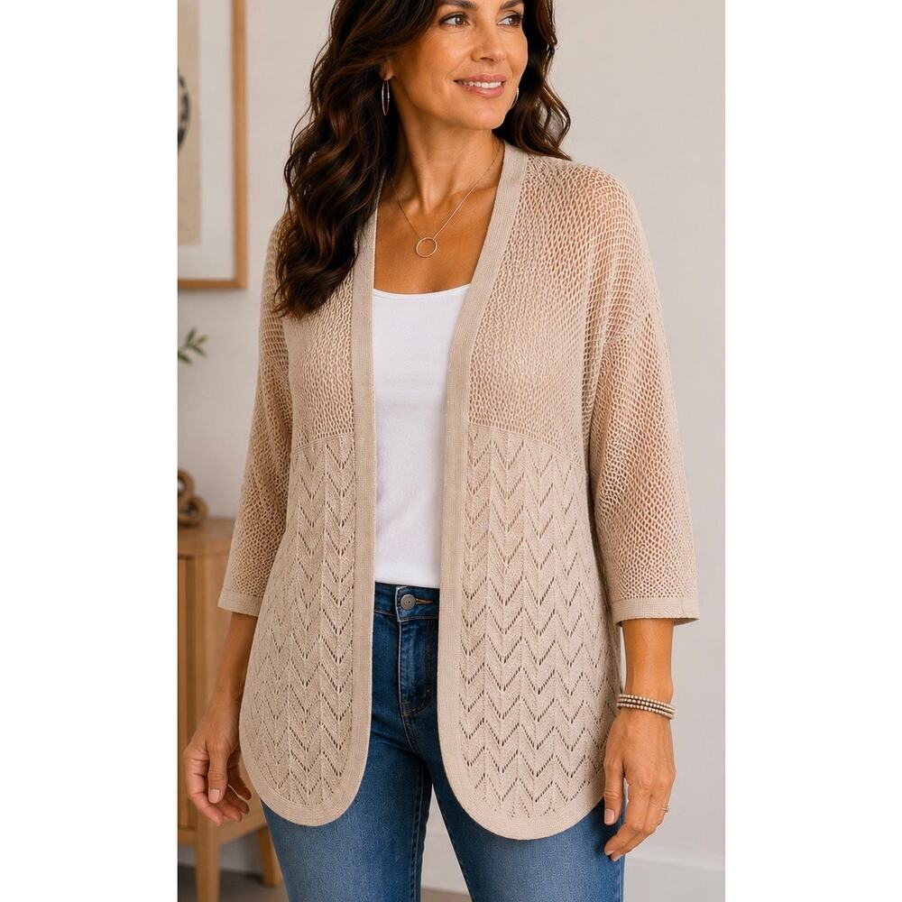 Chico’s Beige Open Knit Chevron Cardigan Sweater Lightweight Layer L